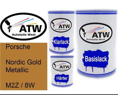 Porsche, Nordic Gold Metallic, M2Z / 8W: 500ml Lackdose + 500ml Klarlack + 250ml Härter - Set, von ATW Autoteile West.